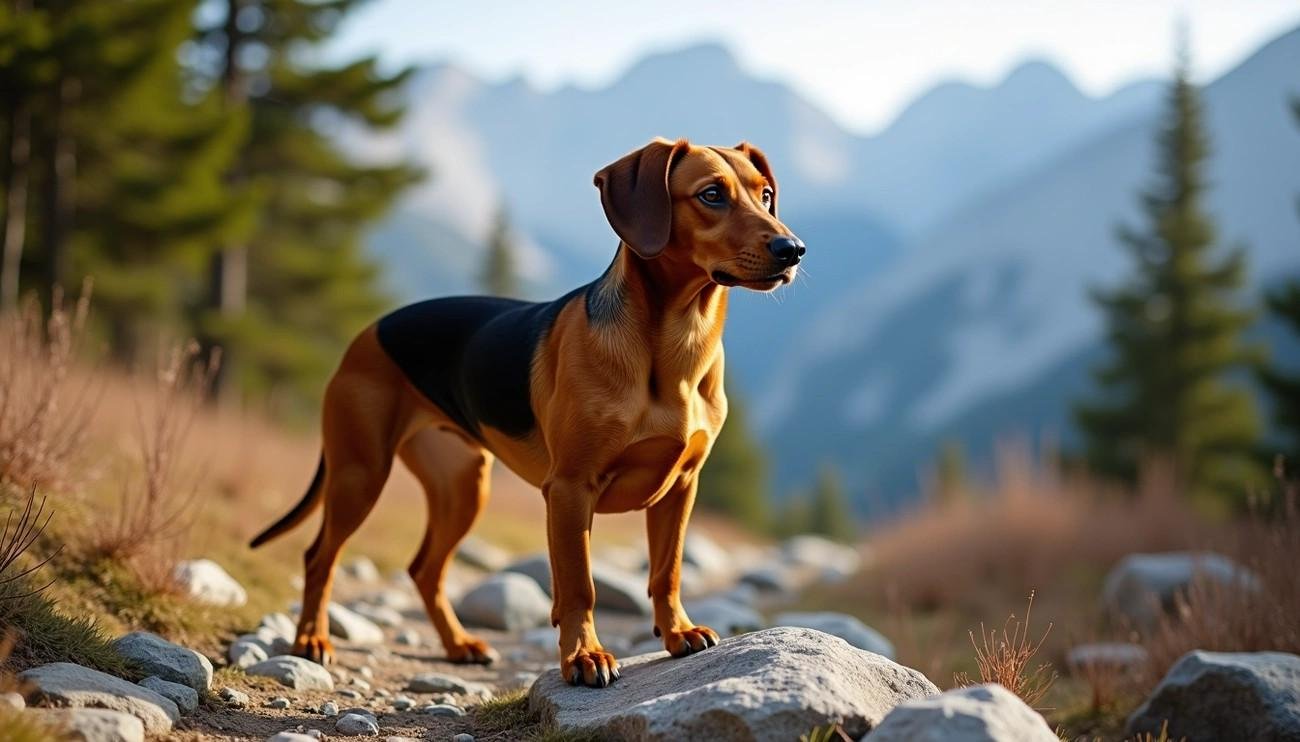 Alpine Dachsbracke dog standing alert on a rocky mountain trail with pine trees and distant peaks in the background.