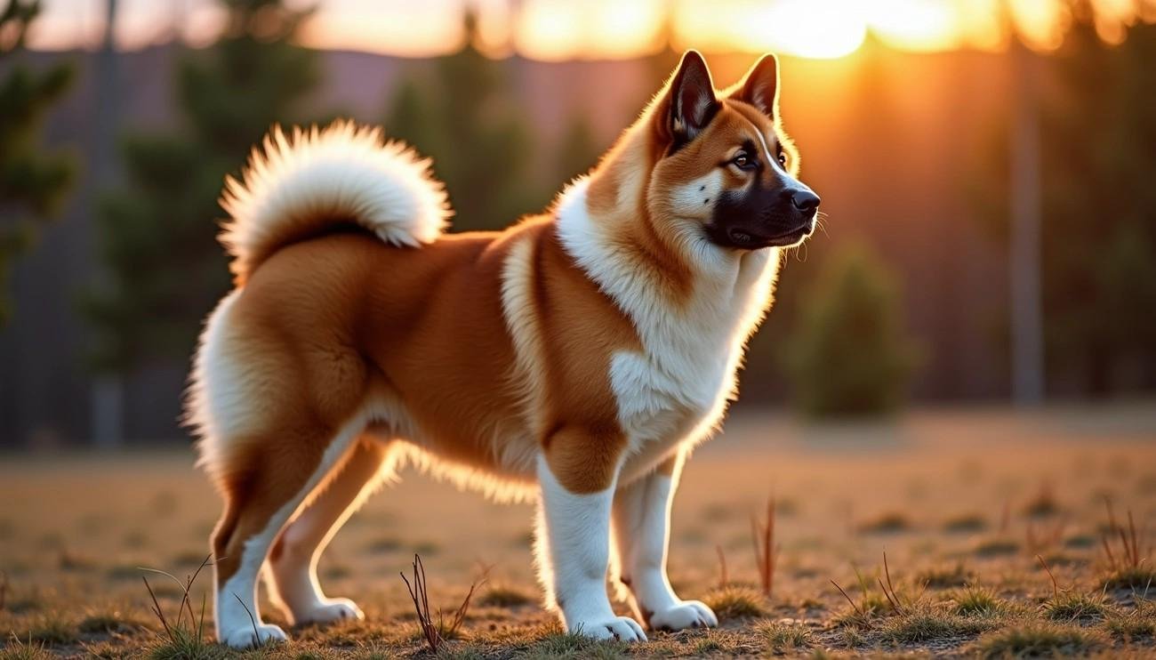 American Akita standing alert on grass with a sunset background, showcasing its thick fur and curled tail.