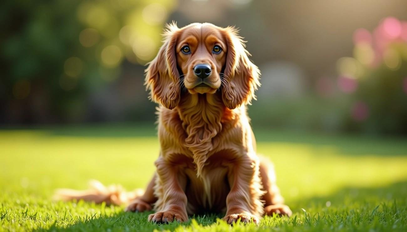 American Cocker Spaniel puppy sitting on green grass in soft sunlight with a blurred natural background.