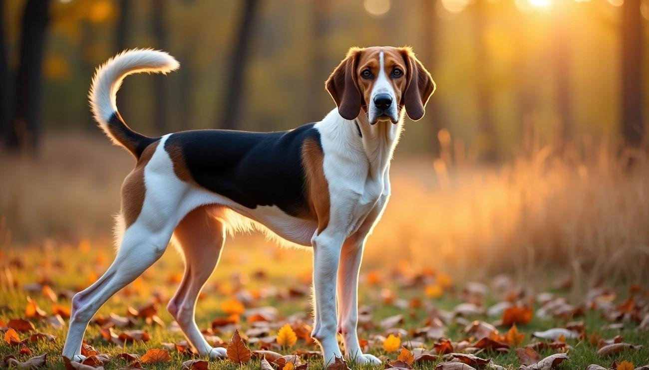 American Foxhound standing alert on autumn grass with a blurred forest background at sunset.