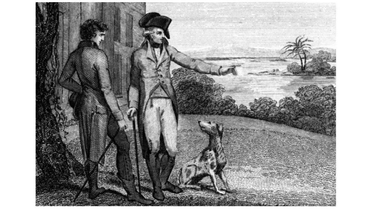 Engraving of George Washington in 18th-century attire pointing across a landscape with a French hunting hound sitting attentively.