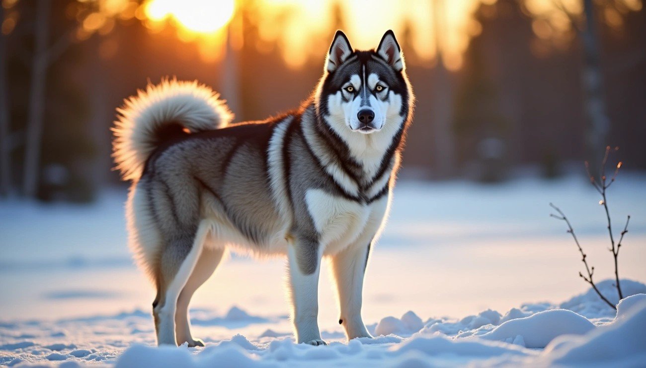Alaskan Malamute standing on snow with a sunset background, showing its thick fur and curled tail.