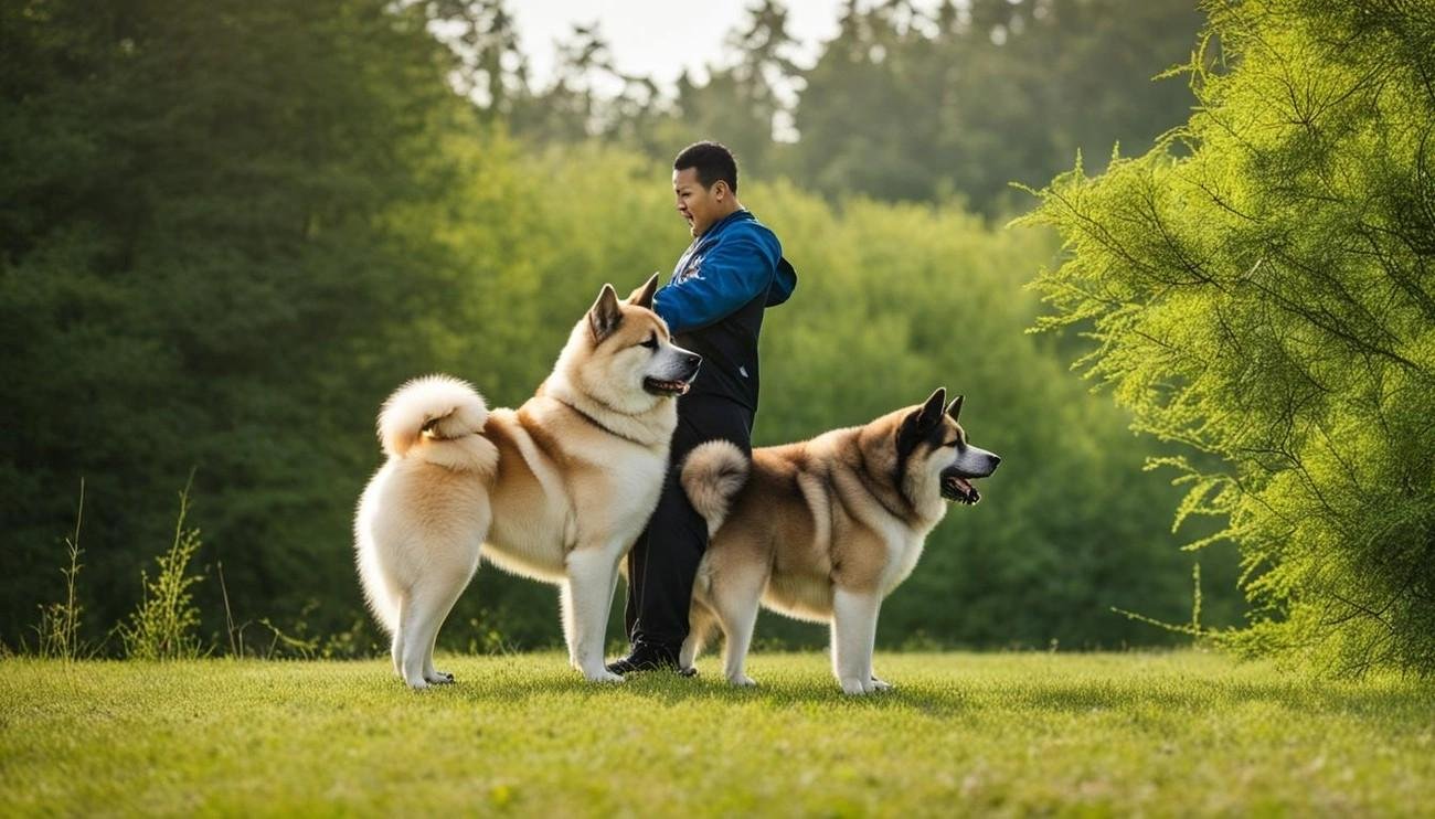 Two American Akitas stand on grass beside a person in a blue jacket in a lush green park.
