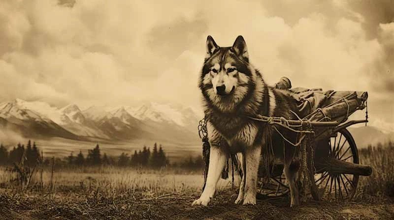 Sepia-toned image of an Alaskan Malamute harnessed to a sled cart with snowy mountains in the background.