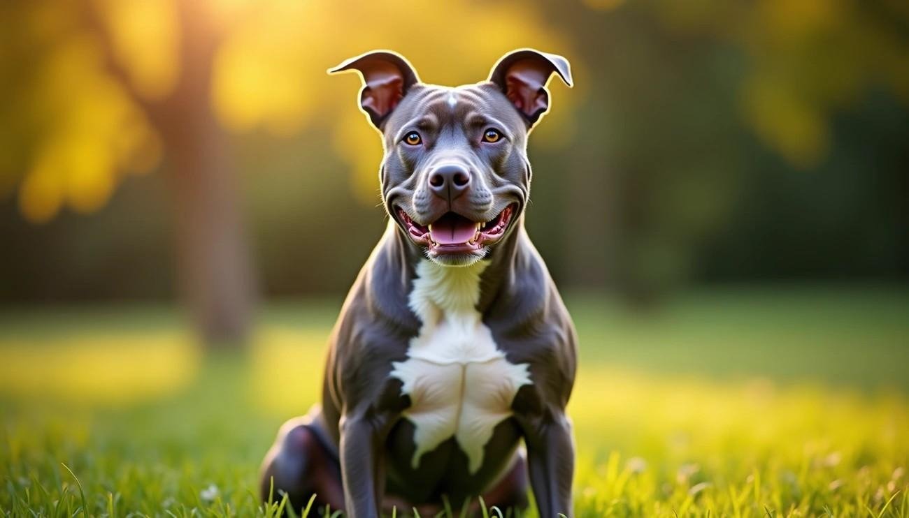 American Staffordshire Terrier sitting on grass with a blurred outdoor background at sunset.