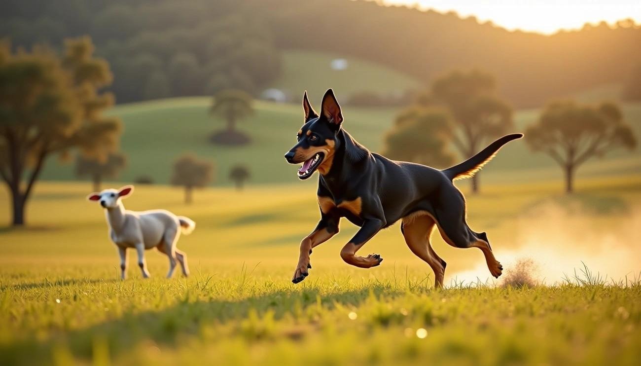 Australian Kelpie herding a sheep in a sunny rural field with trees and hills in the background.