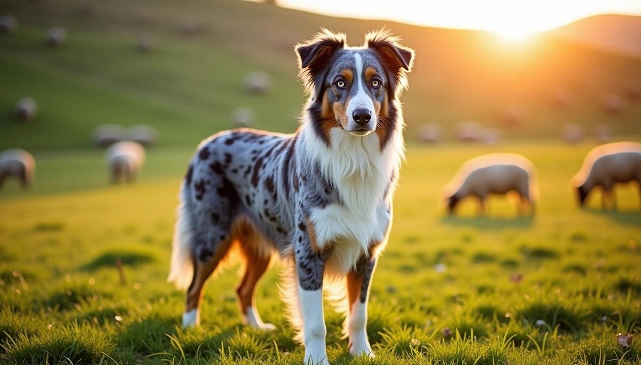 Australian Shepherd standing alert in a sunlit grassy field with grazing sheep in the background at sunset.
