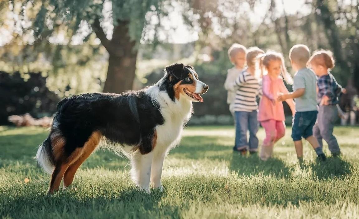Australian Shepherd mix standing on grass with a group of children playing in the background outdoors.