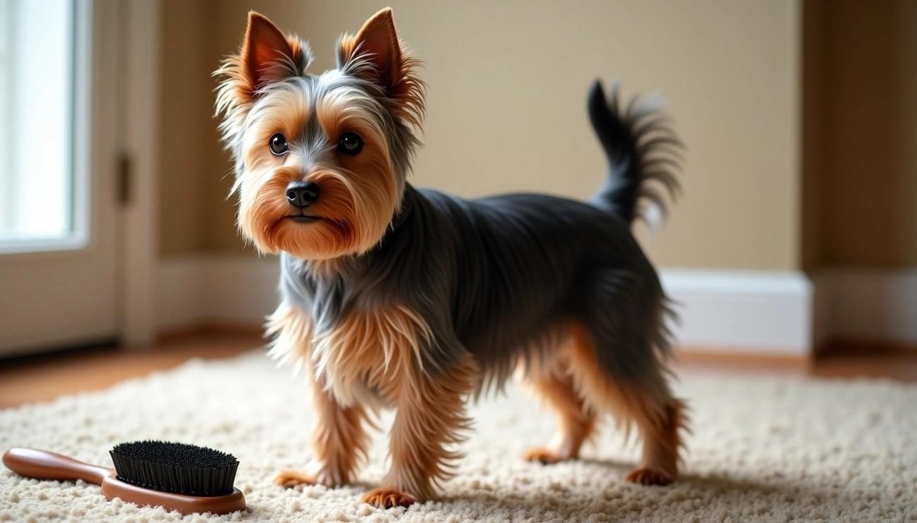 Silky Terrier standing on a carpet indoors next to a grooming brush with soft, long fur and alert ears.
