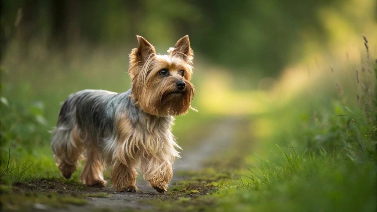 Silky Terrier walking on a grassy path with a blurred natural background in soft sunlight.