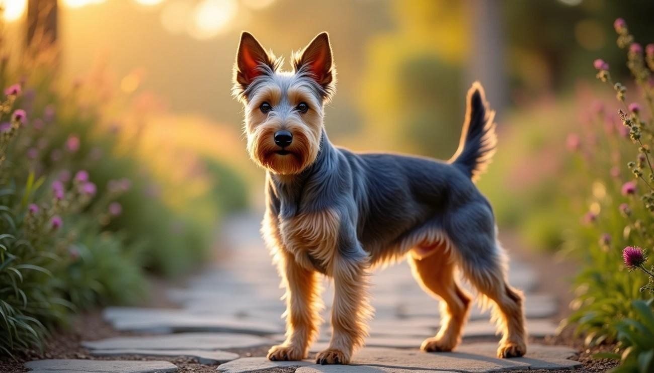 Australian Terrier standing on a stone path surrounded by greenery and flowers at golden hour.