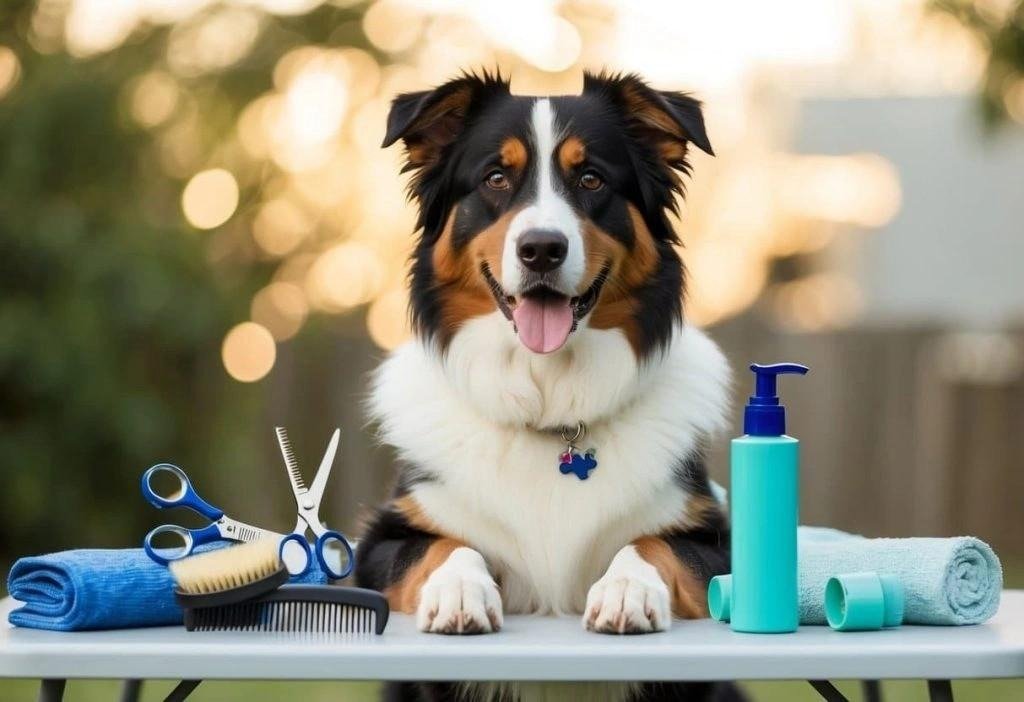 Happy Australian Shepherd sitting behind grooming tools including scissors, comb, brush, towels, and shampoo bottle.
