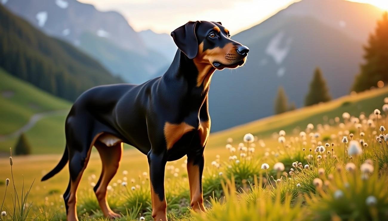 Austrian Black and Tan Hound standing alert in a sunlit alpine meadow with mountains in the background.