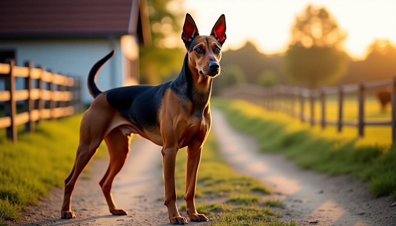 A sleek Austrian Pinscher dog standing alert on a country path at sunset with a fenced farm background.