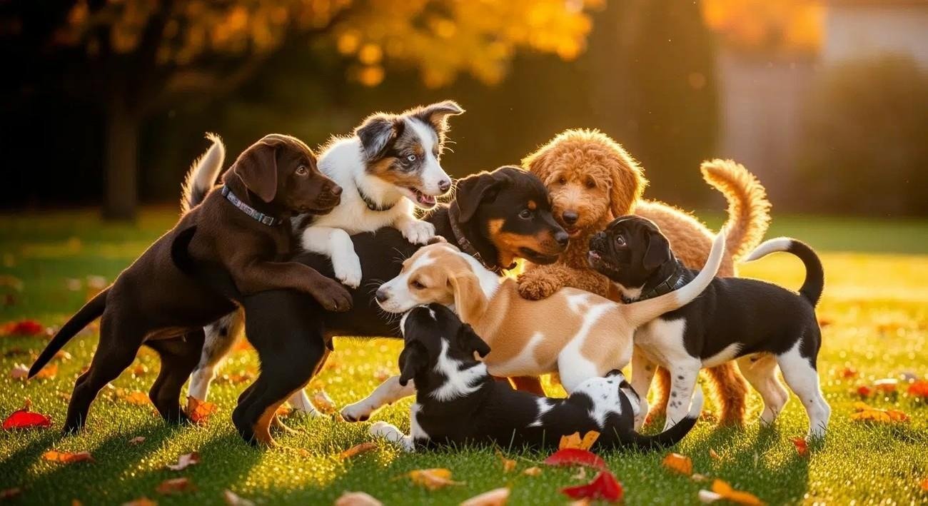 A group of playful puppies of various breeds interacting on grass with autumn leaves in warm sunlight.