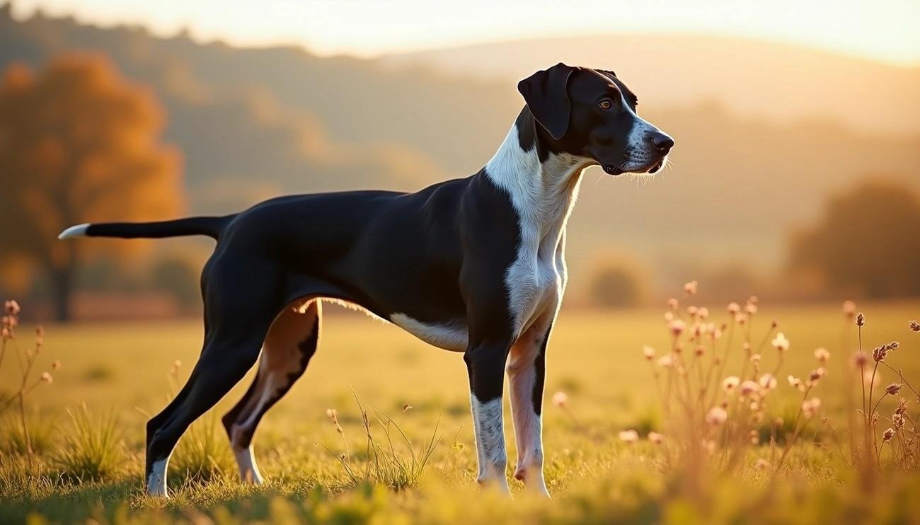 Auvergne Pointer dog with black and white coat standing alert in a sunlit field during golden hour.