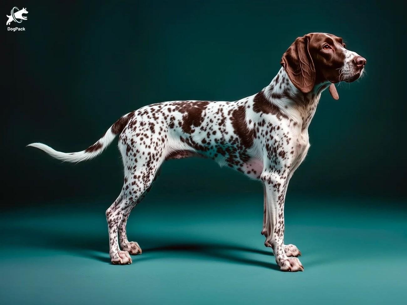 Side profile of an Auvergne Pointer dog with a white and brown spotted coat against a teal background.