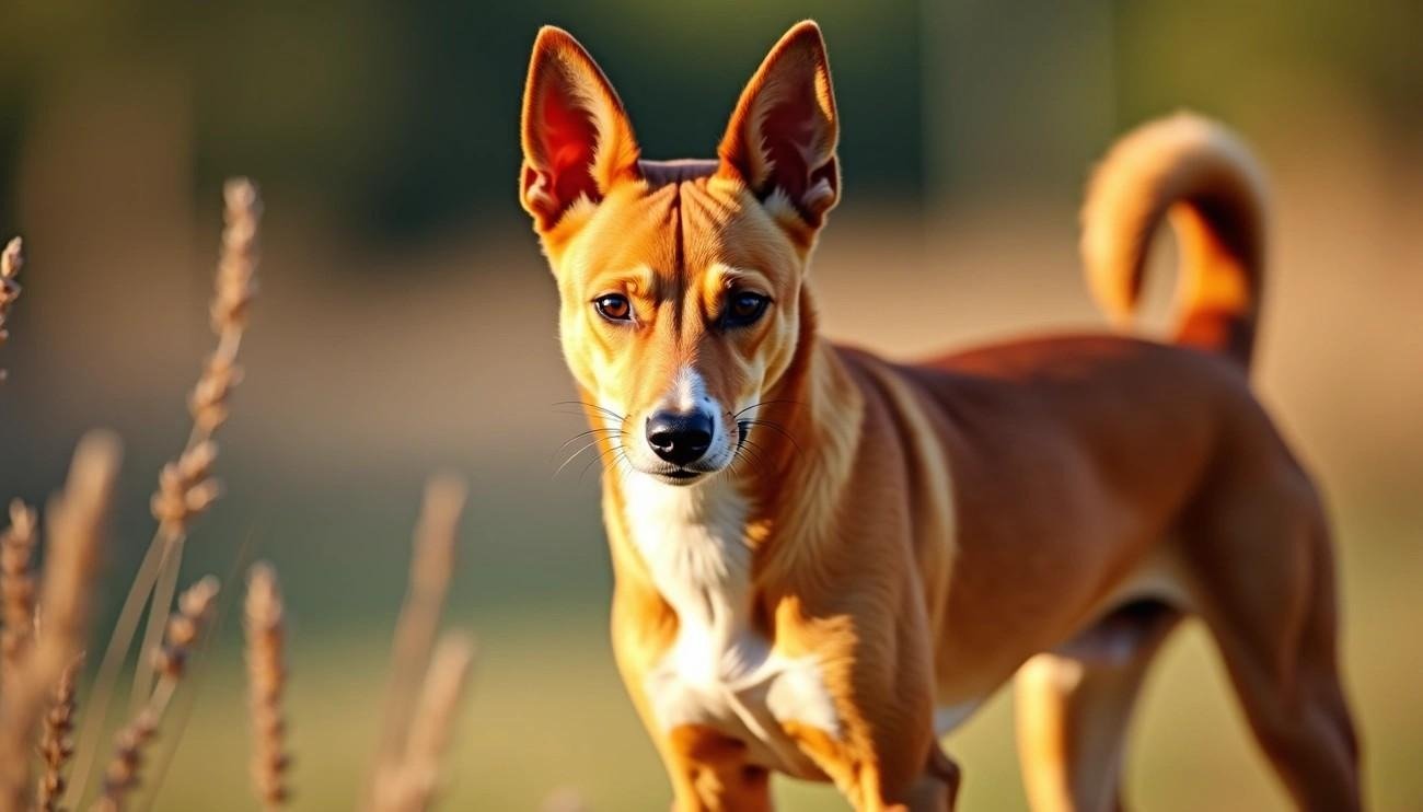 Basenji dog standing outdoors with curled tail and upright ears in warm sunlight background.