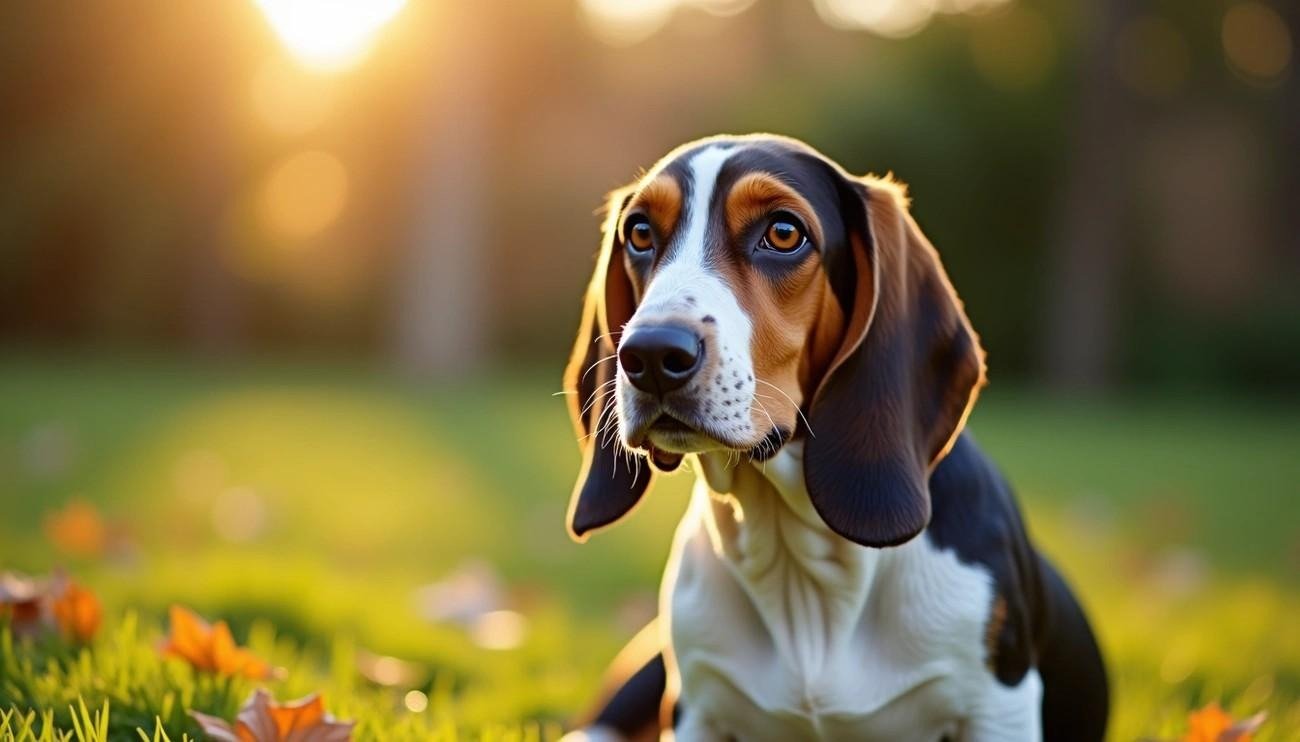 Basset Bleu de Gascogne dog sitting on grass with warm sunlight in the background during golden hour.