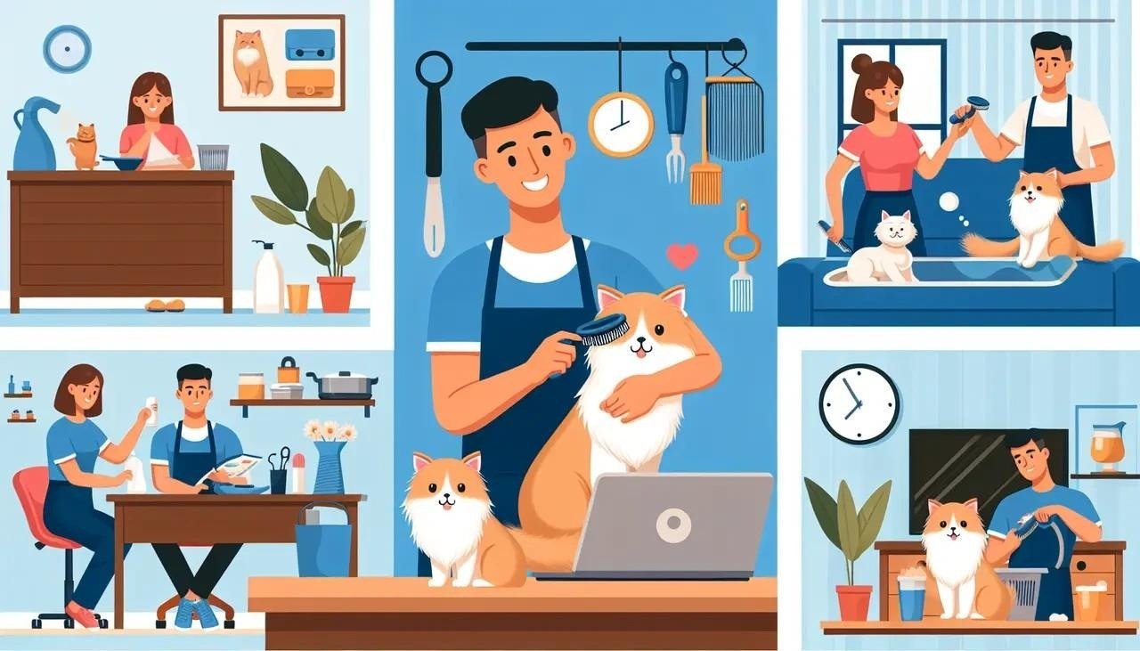 Various scenes of professional cat grooming at home, showing grooming tools, cats being brushed, bathed, and cared for by groomers.