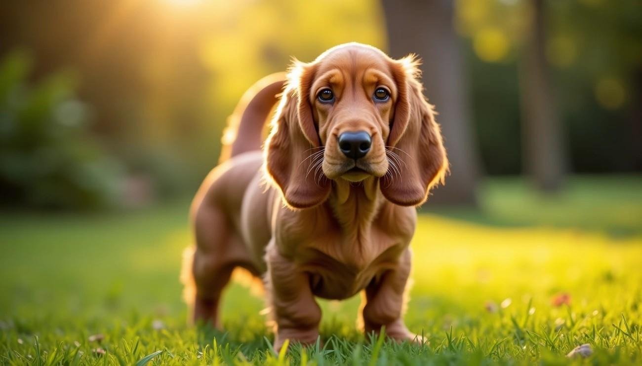 Basset Fauve De Bretagne dog standing on grass with sunlight filtering through trees in the background.