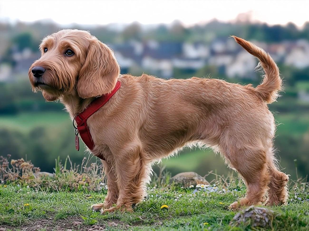 Basset Fauve de Bretagne dog with a red harness standing on grass with a blurred village landscape background.