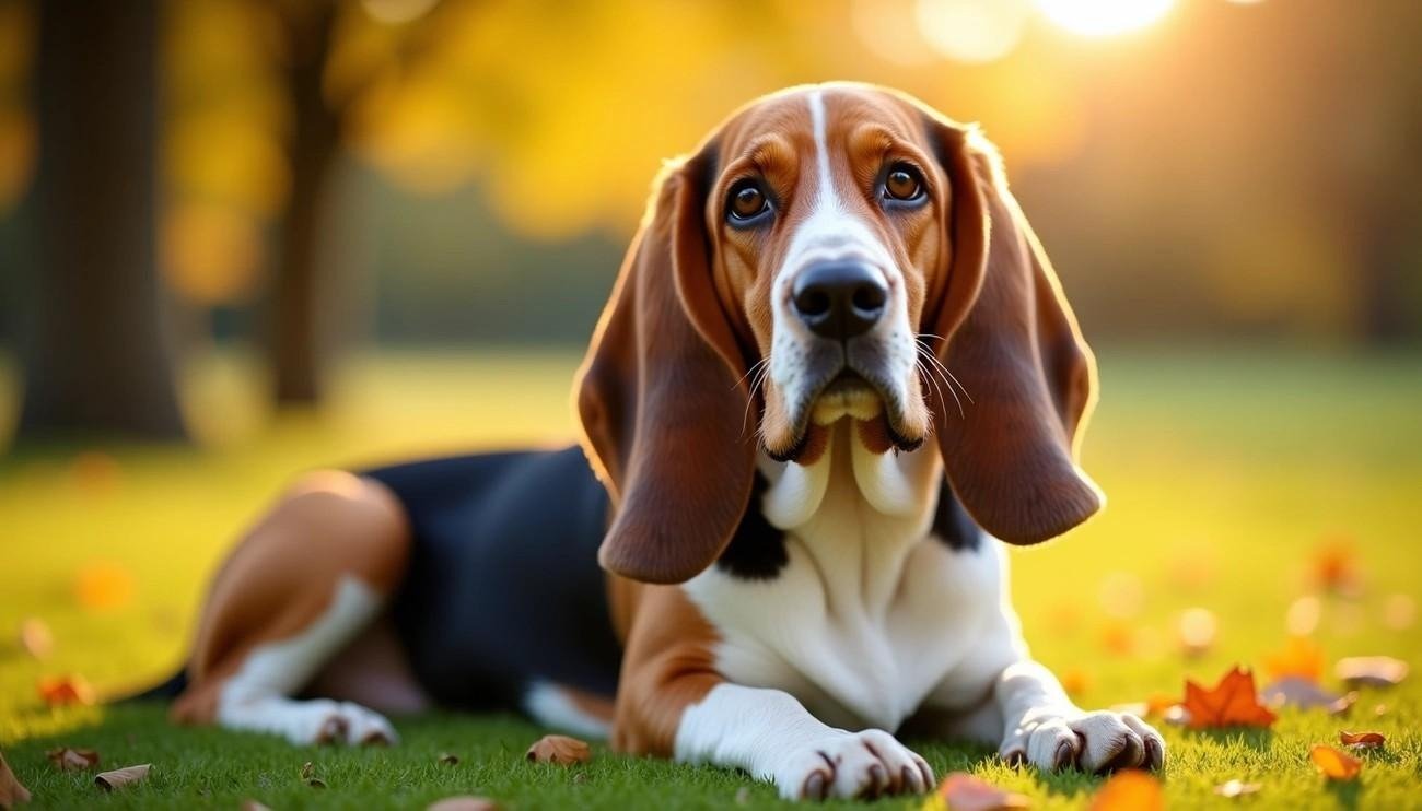 Basset Hound with long ears lying on grass in a sunlit park with autumn leaves scattered around.