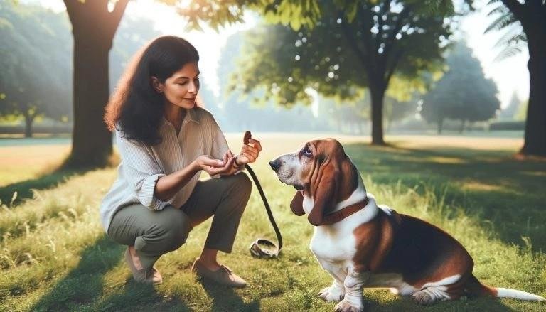 Person crouching and offering a treat to a focused Basset Hound during outdoor training in a park.