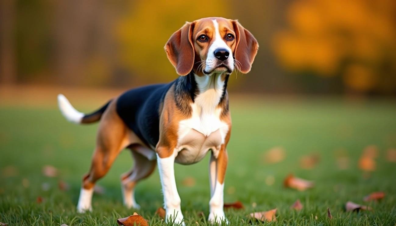 Alert tricolor Beagle dog standing on grass with autumn leaves and blurred orange-yellow background