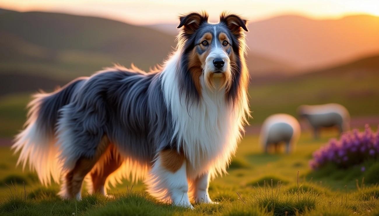 Bearded Collie standing on grassy hill at sunset with sheep grazing in the background.
