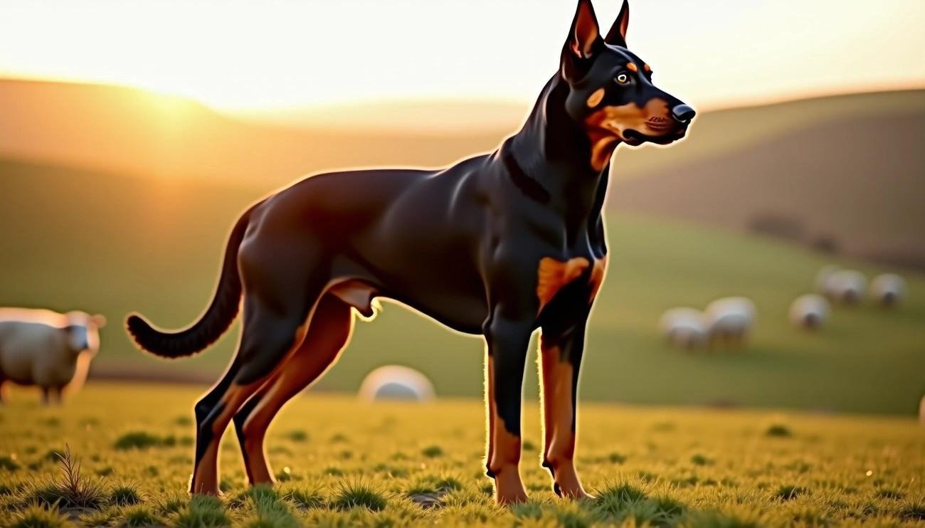 Beauceron dog standing alert in a sunlit pasture with grazing sheep and rolling hills in the background.