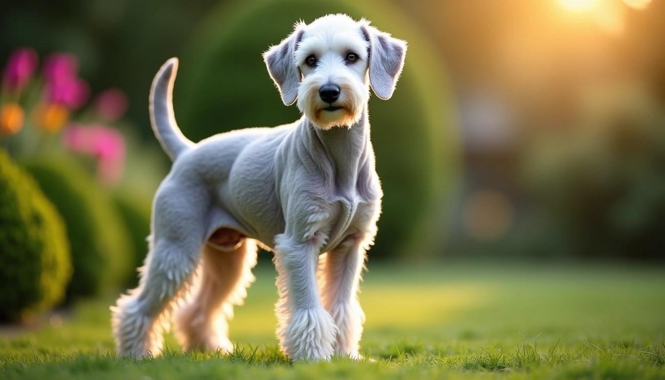 White Bedlington Terrier standing on grass with a blurred garden and sunset background