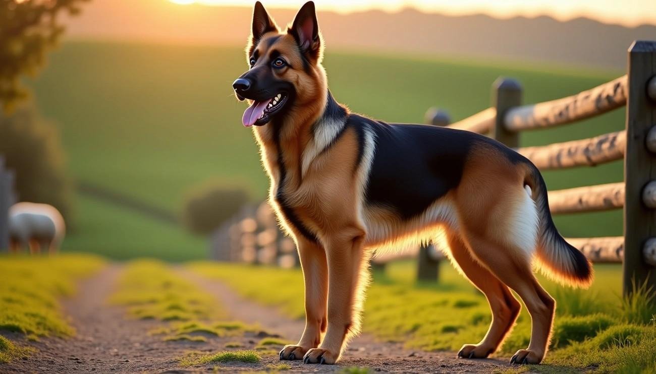 Belgian Shepherd dog standing alert on a rural path with a wooden fence and green fields at sunset.