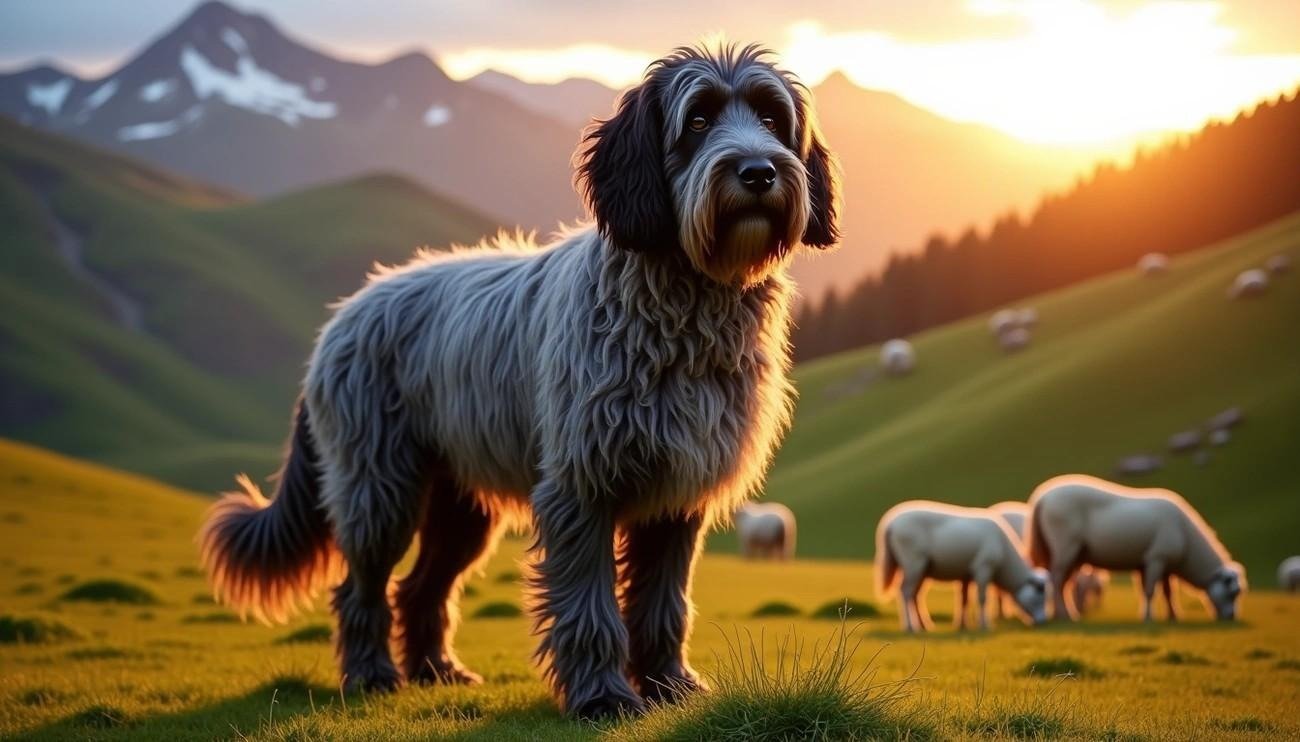 Bergamasco Shepherd dog with long matted coat standing in a sunlit meadow with grazing sheep and mountains in background.