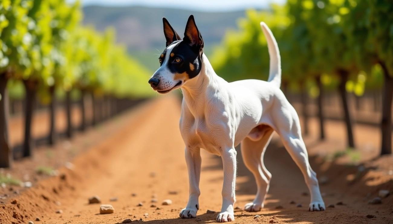 Andalusian Terrier standing alert on a dirt path between rows of green grapevines in a vineyard.