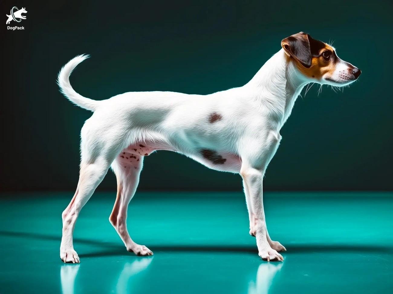 Side view of a white and brown Ratonero Bodeguero Andaluz dog standing on a teal surface against a dark background.