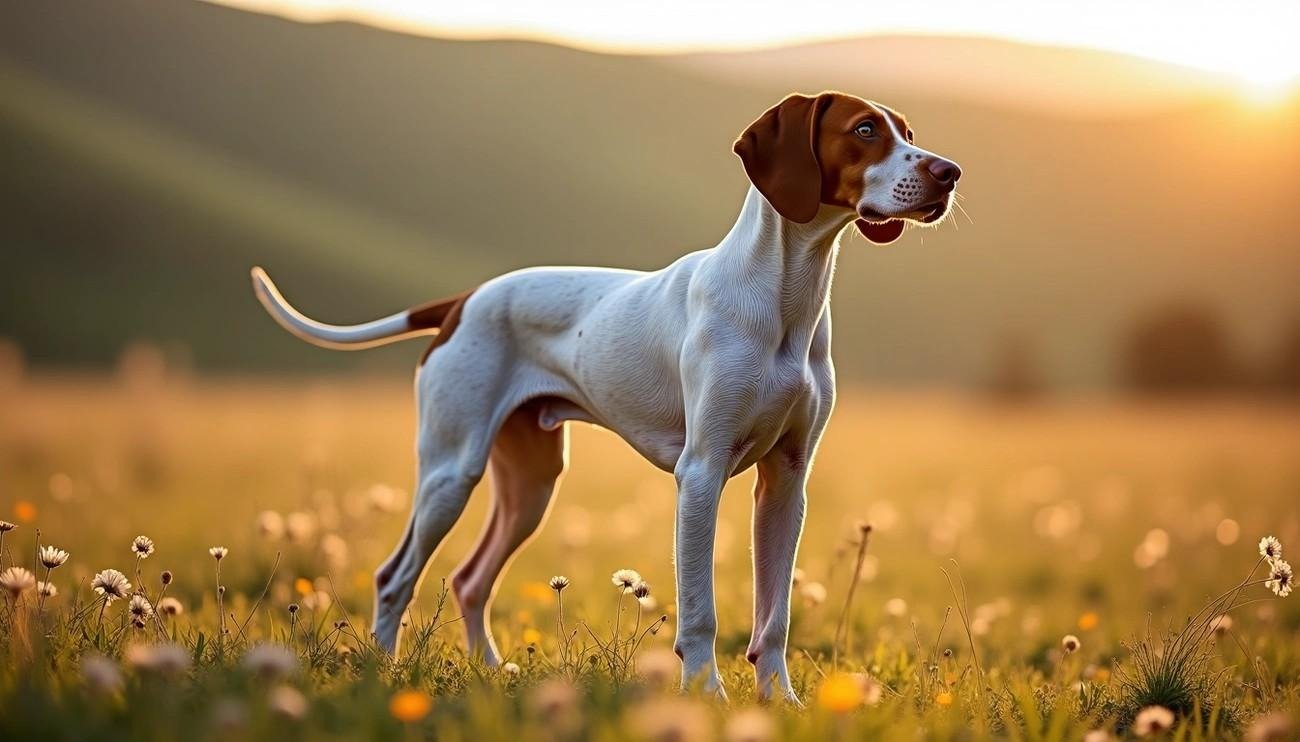 Ariège Pointer dog standing alert in a sunlit field with wildflowers and hills in the background at sunset.