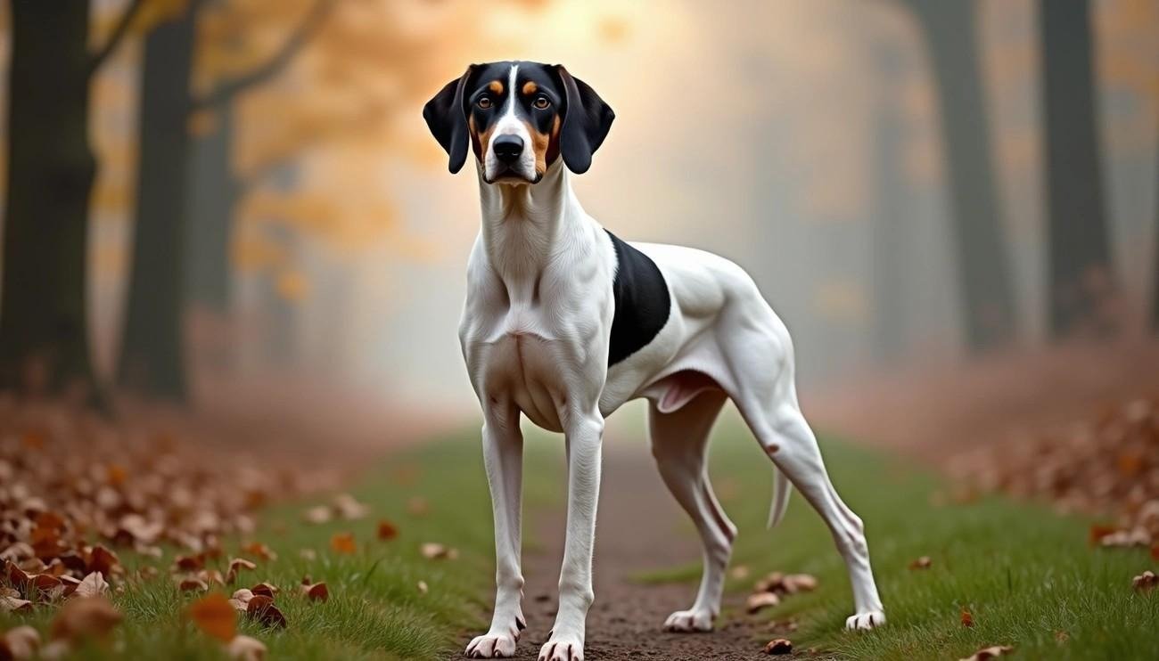 Ariegeois dog standing alert on a forest path covered with autumn leaves and soft sunlight.