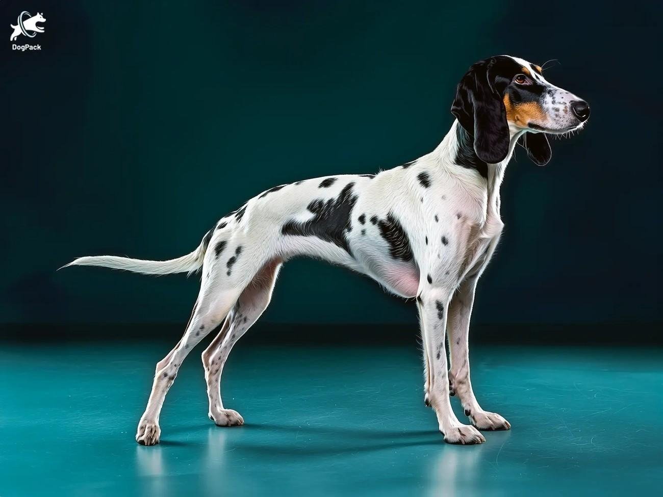 Ariegeois dog with white and black spotted coat standing on a teal floor against a dark background.