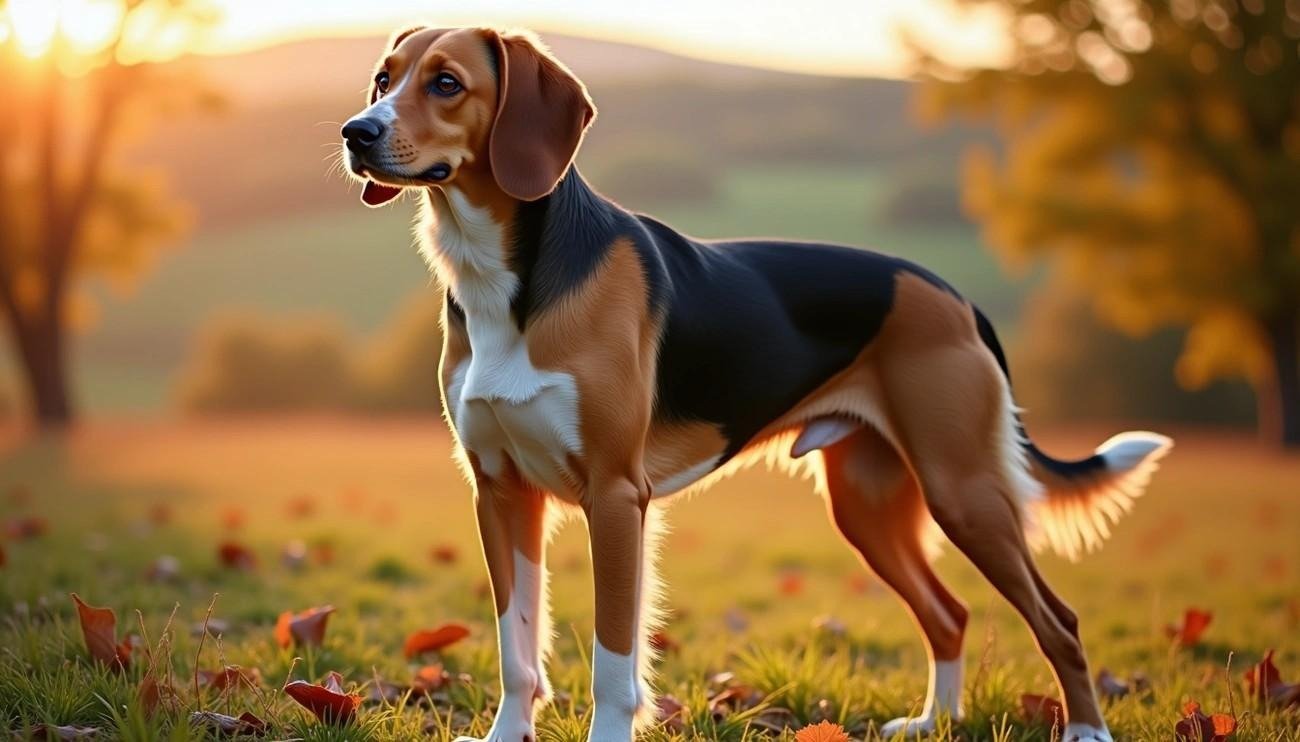 Artois Hound standing alert in a sunlit autumn field with green grass and scattered orange leaves.