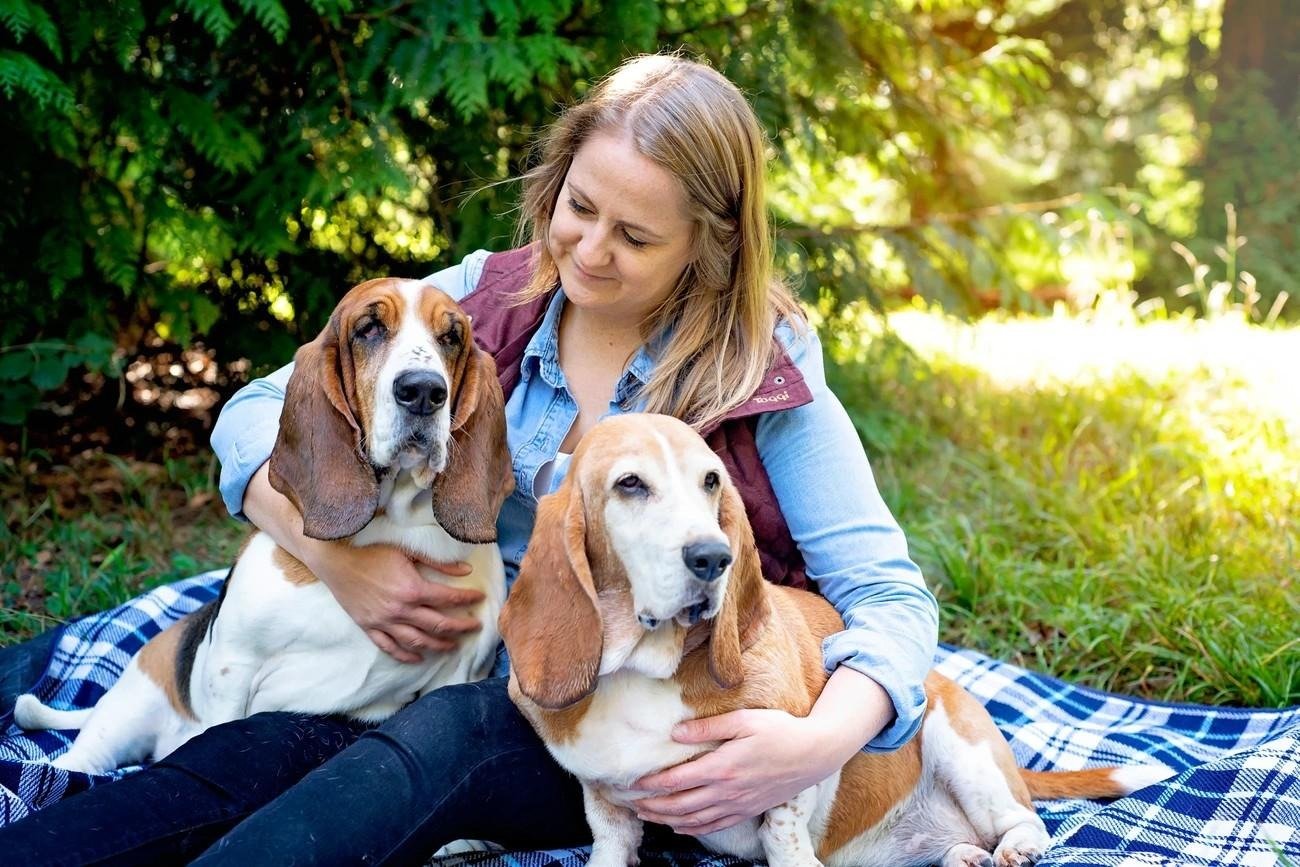 Person sitting on a blanket outdoors hugging two basset hound dogs in a sunny, green park setting.