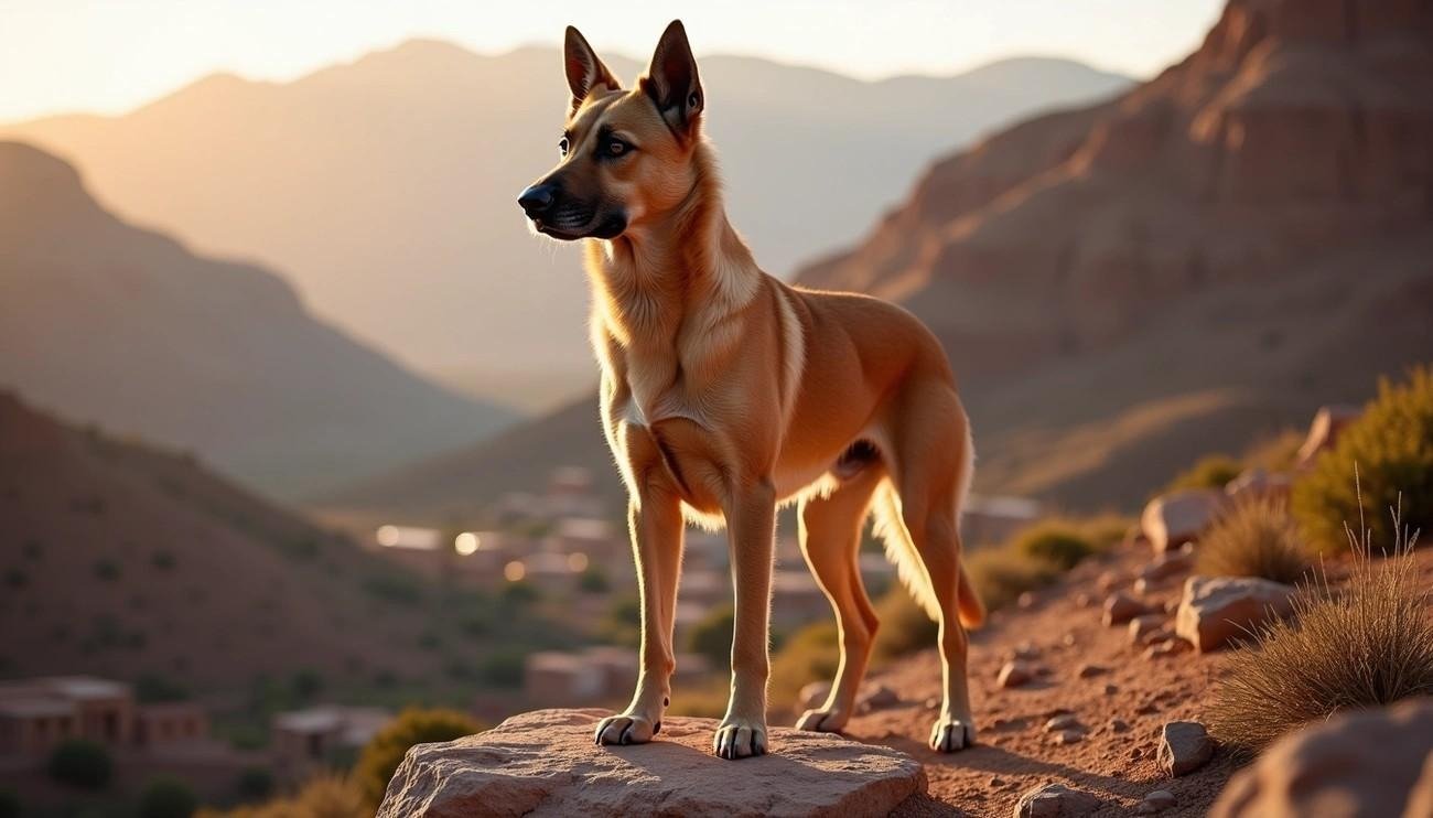Aidi or Atlas Mountain dog standing alert on a rocky hill with a mountainous landscape at sunset.