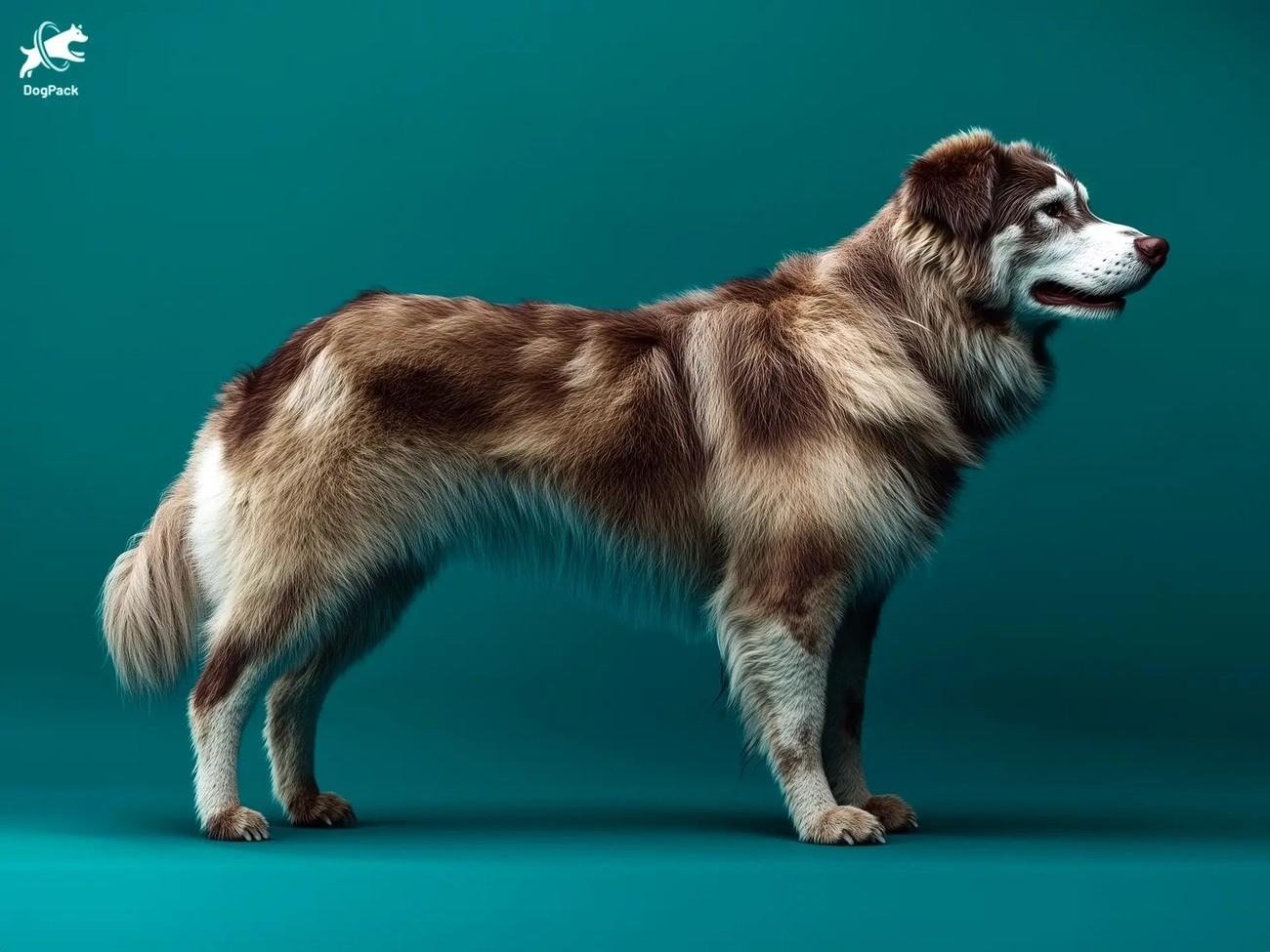 Side profile of a fluffy Aïdi Atlas Mountain Dog with brown and white fur standing against a teal background.