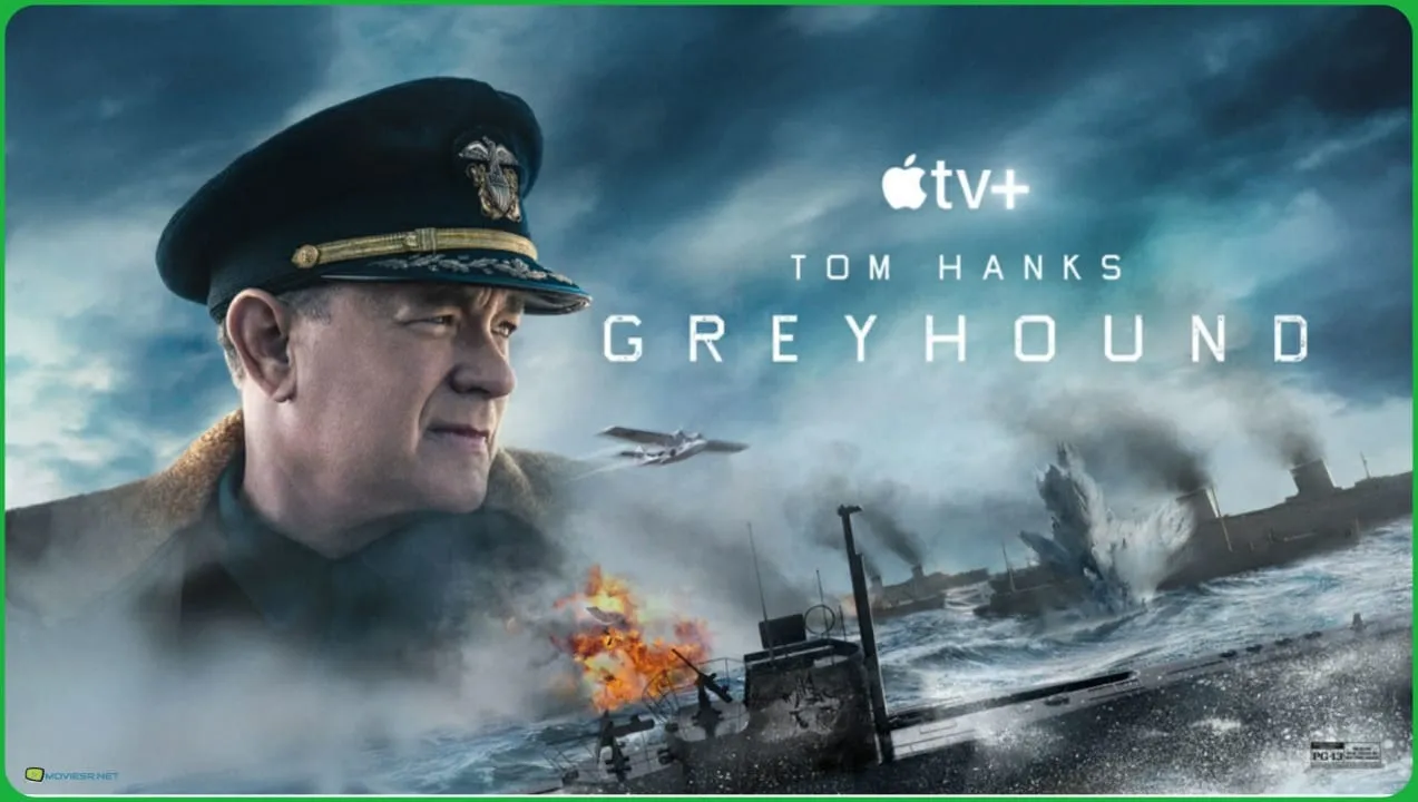 Promotional poster for Apple TV+ movie Greyhound starring Tom Hanks with a naval battle scene in stormy seas.