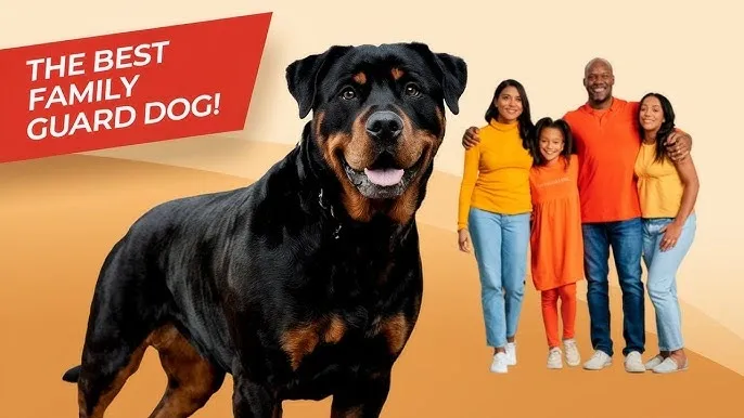 A confident Rottweiler stands prominently with a smiling family in the background, highlighting its role as a top family guard dog.