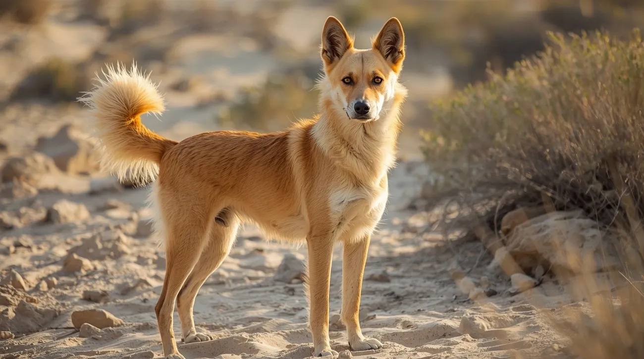 Tan Canaan dog with curled tail standing on rocky desert terrain with shrubs in the background.