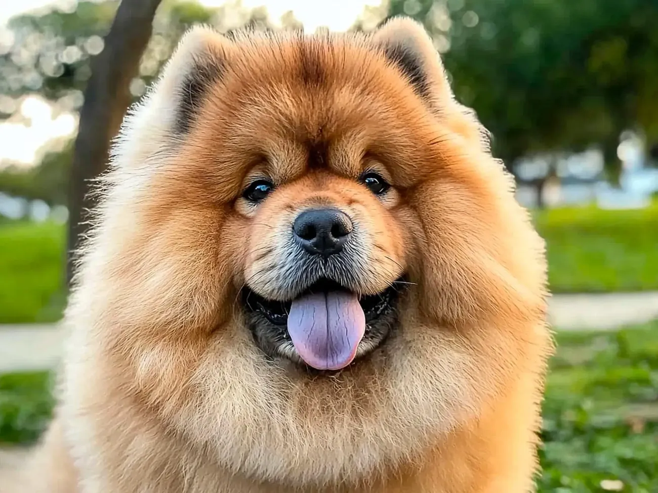 Fluffy Chow Chow dog with a lion-like mane and a blue tongue sitting outdoors with a happy expression.