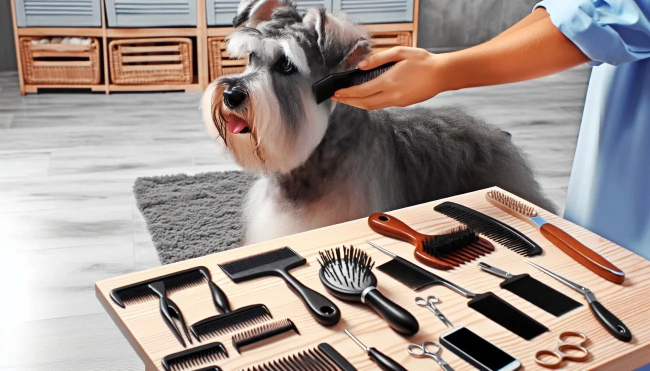 Person grooming a Cesky Terrier dog with various brushes and scissors neatly arranged on a wooden table.