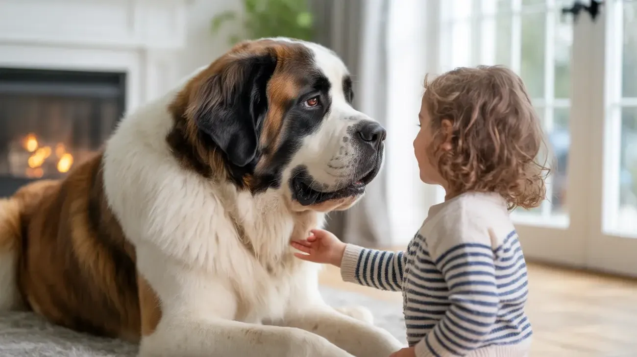A young child gently touches a large Saint Bernard dog indoors near a fireplace and window.