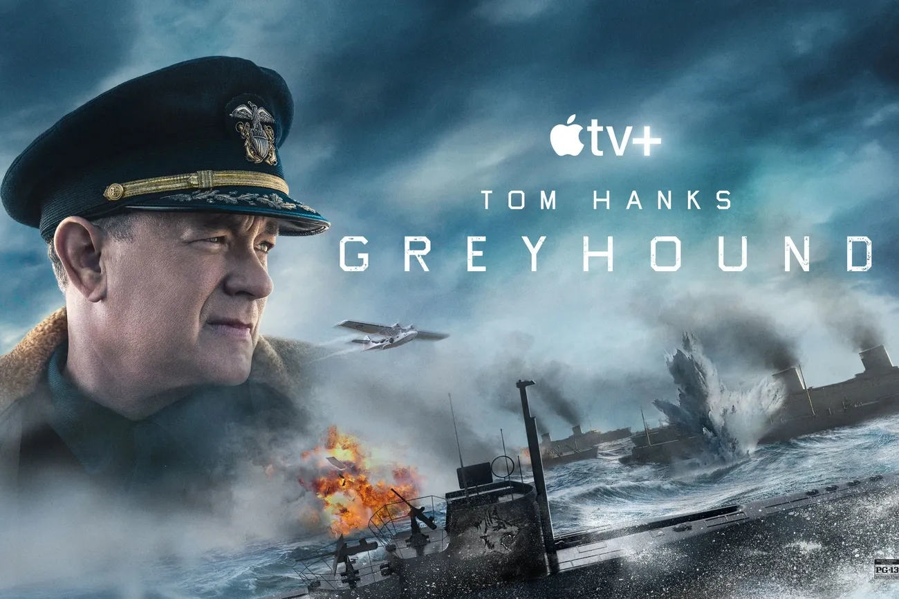 Promotional poster for Apple TV+ film Greyhound showing a naval battle with a warship, explosions, and a military officer in uniform.